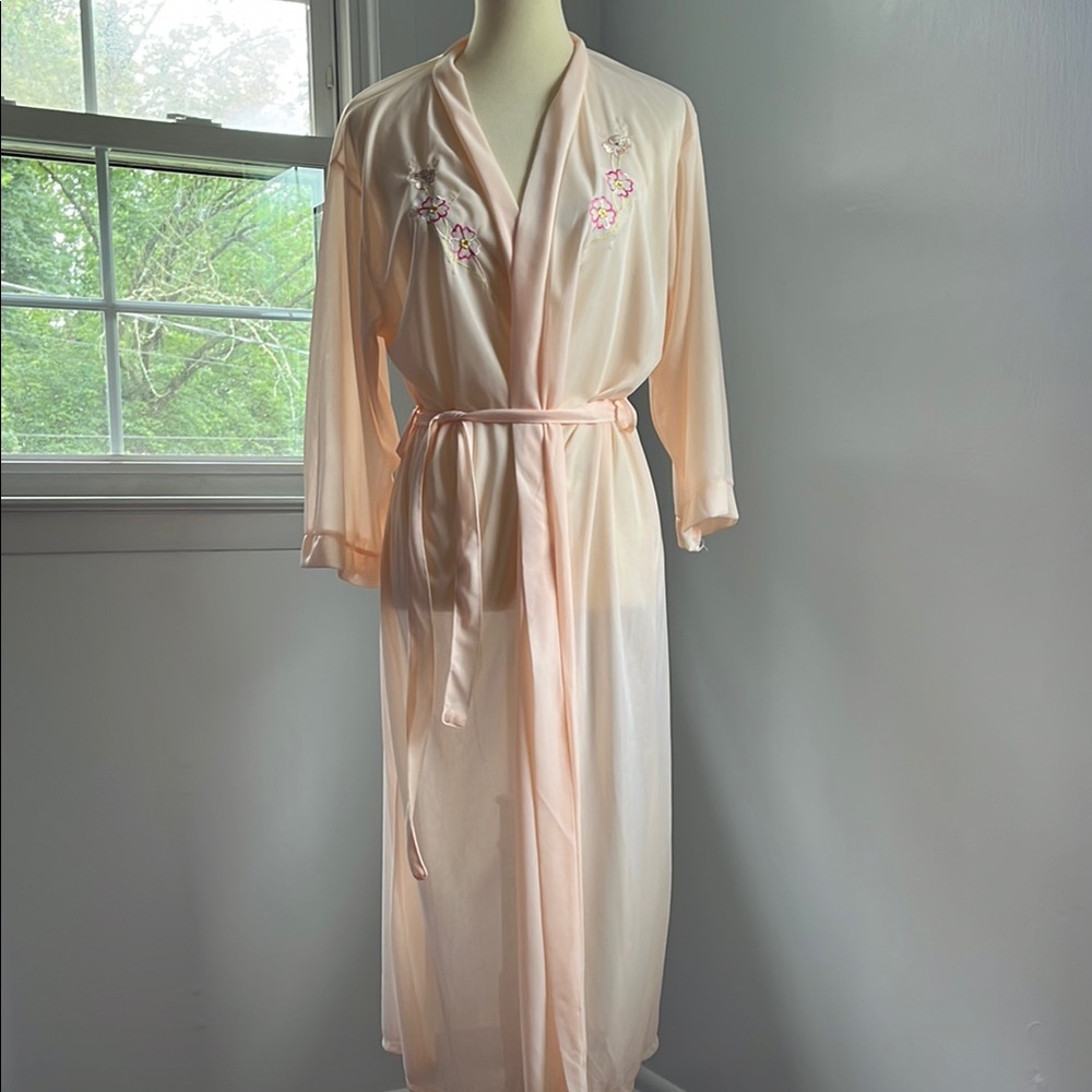Cream Full-Length Satin Robe with Belt